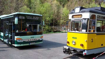 Bus und Triebwagen der Kirnitzschtalbahn