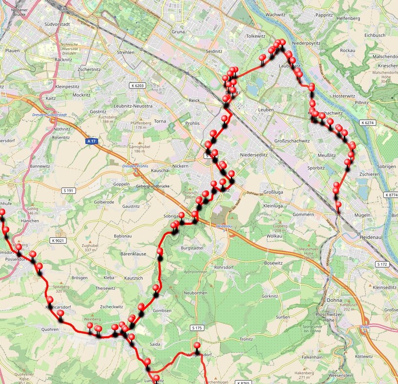 Linienweg und Haltestellen der Linienkombination 86/162/386